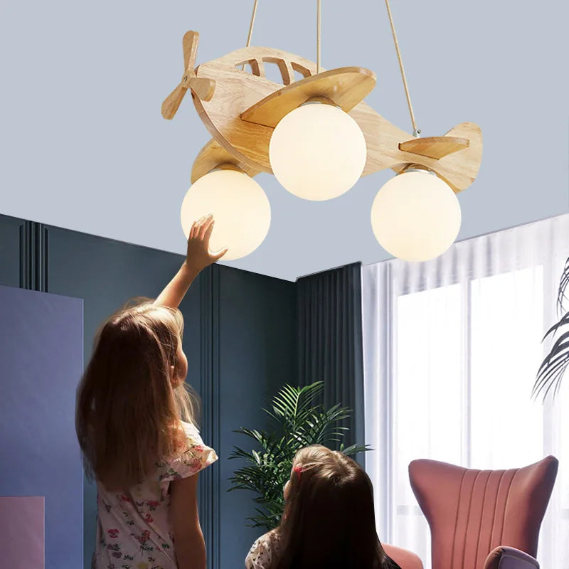 Afralia™ Kids Wood Airplane Chandelier LED Pendant Light for Boy Bedroom