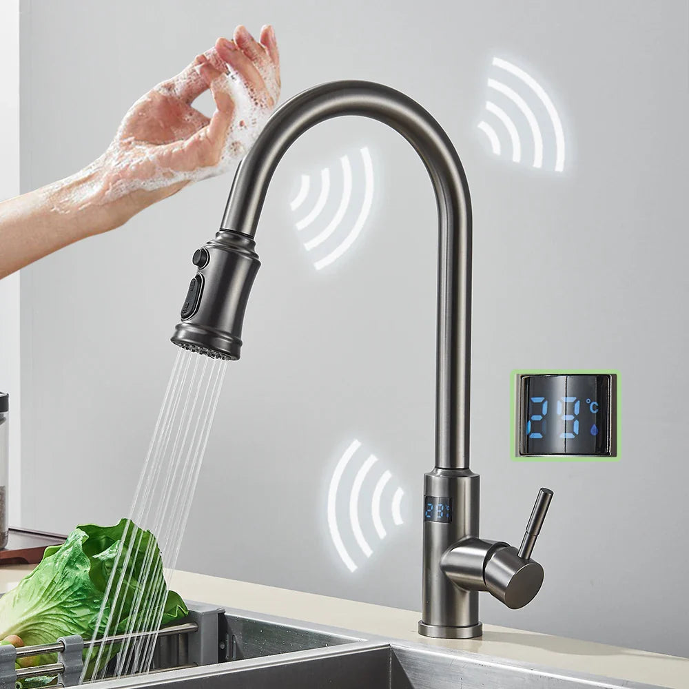 Afralia™ Smart Touch Grey Black Kitchen Faucet with Flexible Pull Out Sprayer