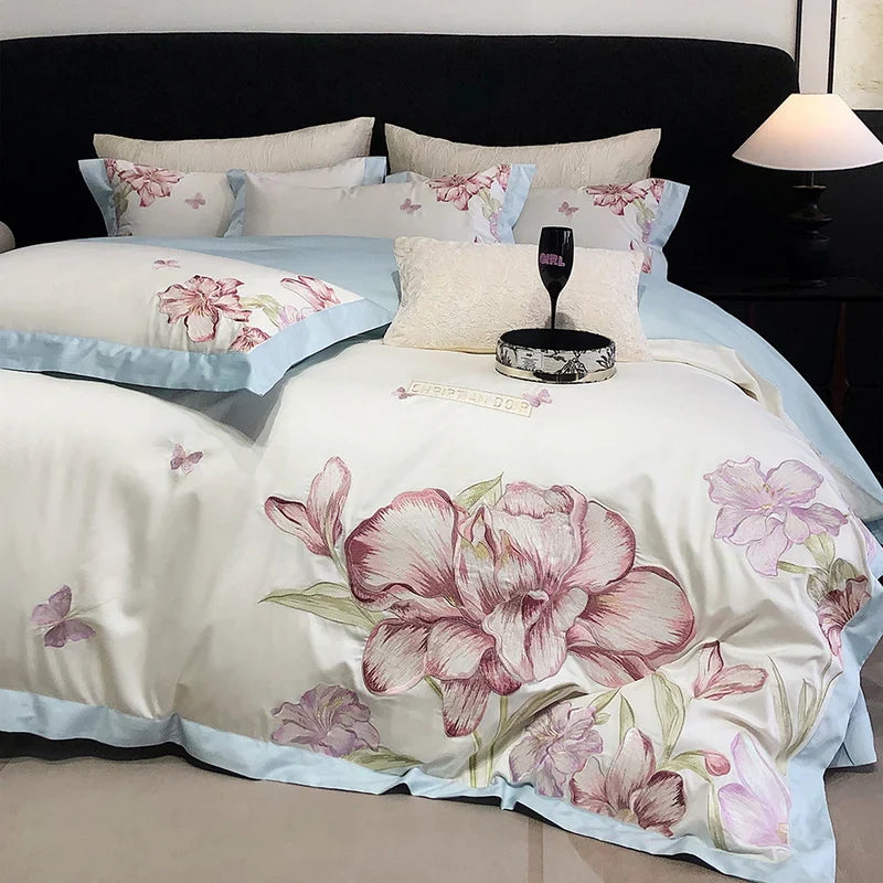 Afralia™ Blooming Flowers Embroidery Bedding Set 600TC Egyptian Cotton Duvet Cover Queen King