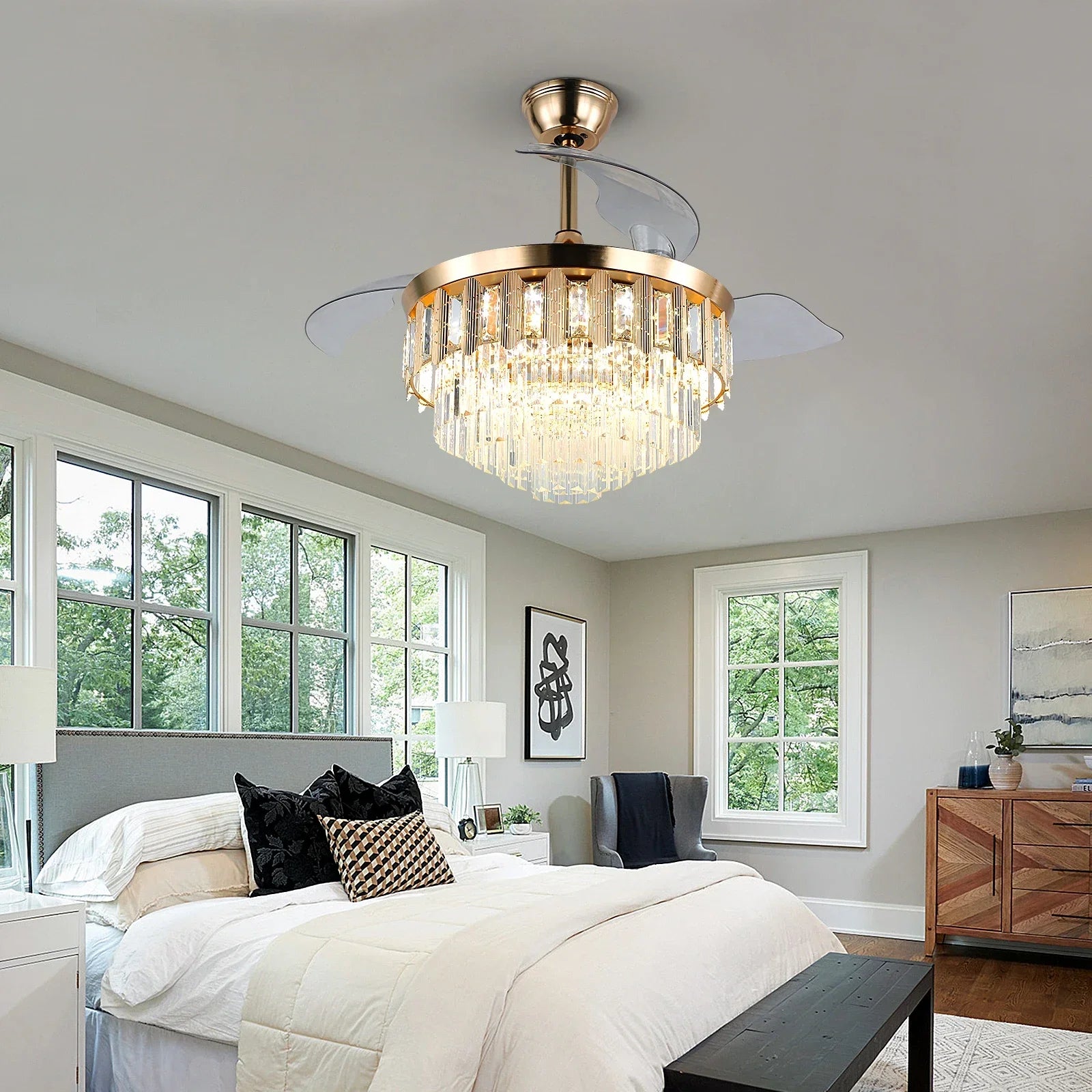 Afralia™ Crystal Pendant LED Ceiling Fan for Smart Home Decor