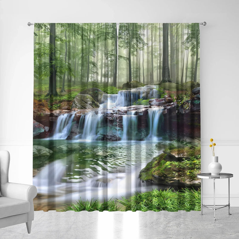 Afralia™ Waterfall Beach Scenery Printed Curtains for Kitchen, Coffee Shop & Living Room