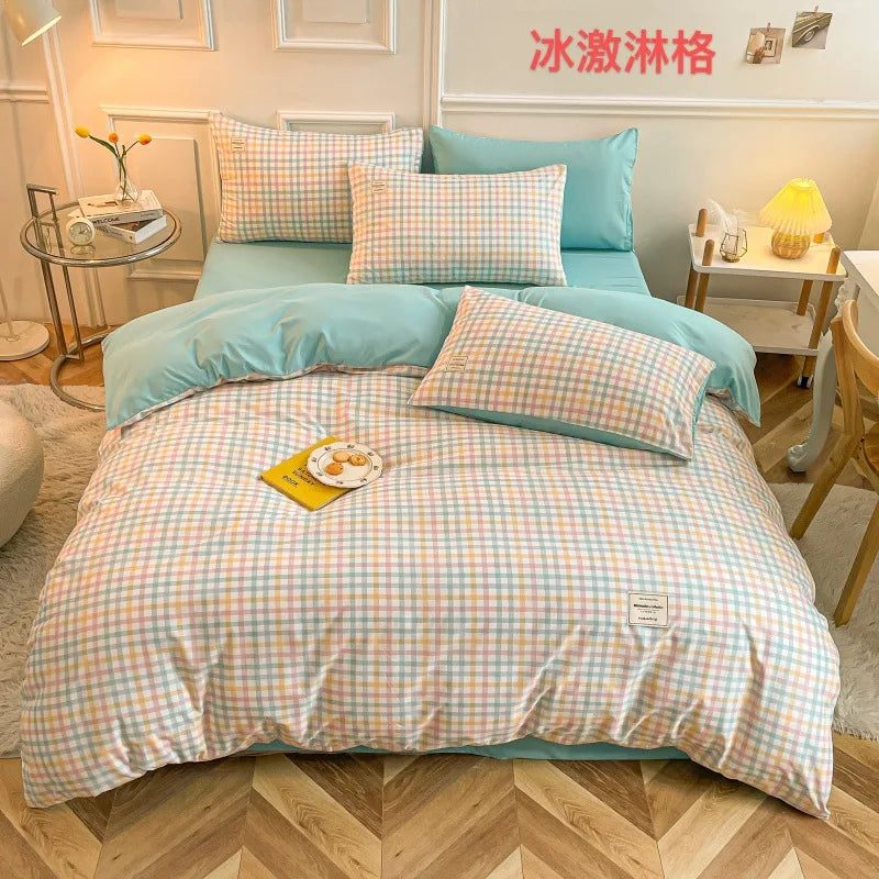 Afralia™ Simple Striped Check Cotton Bedding Sets for Queen King Size