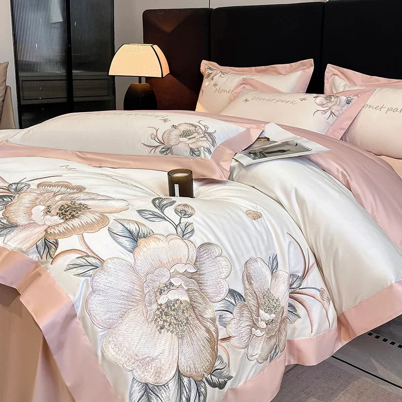 Afralia™ Pink Flowers Embroidery Cotton Luxury Bedding Set: Duvet, Sheet, Pillowcases - 4Pcs