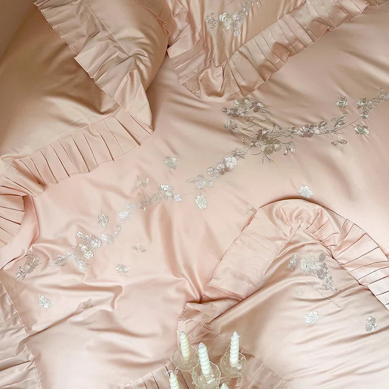 Afralia™ Princess Ruffles Flowers Embroidery 1000TC Egyptian Cotton Bedding Set