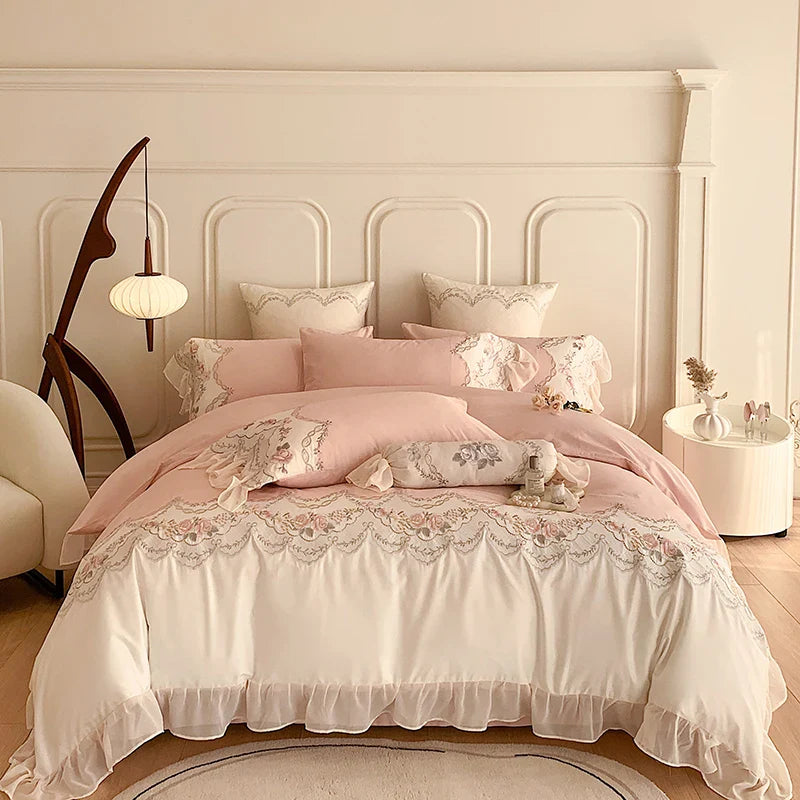 Afralia™ Romantic French Princess Bedding Set with Rose Embroidery & Ruffles