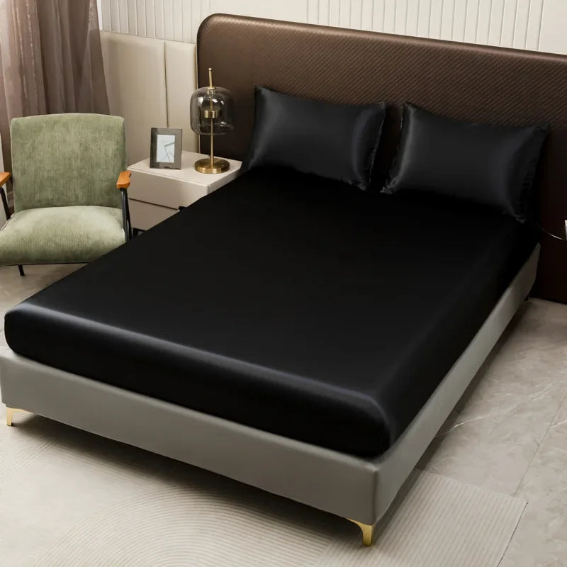 Afralia™ Silky Satin Fitted Sheet Set with Deep Pockets, Queen King Size Bedsheet + 2 Pillowcases