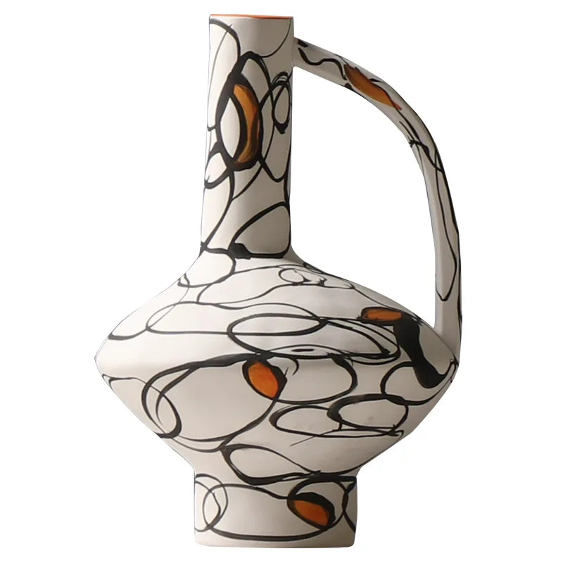 Afralia™ Geometric Graffiti Ceramic Vase with Handles for Home Decor and Floral Arrangements.