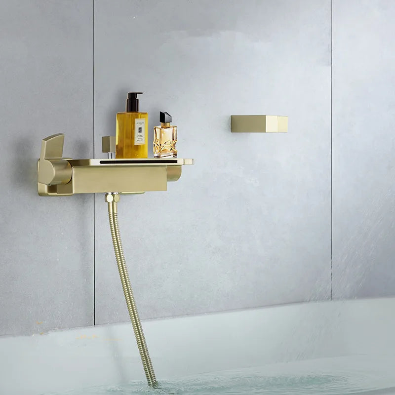 Afralia™ Brushed Gold Tub Shower Faucet Set with Waterfall Handheld Mixer