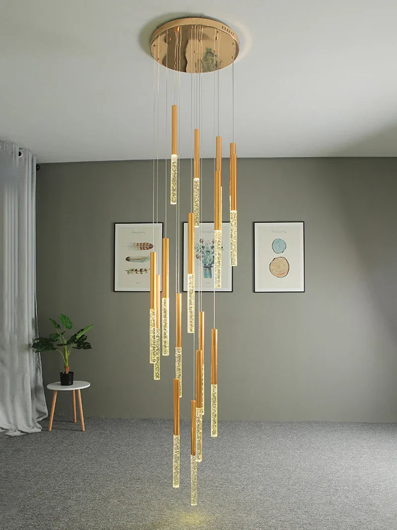 Afralia™ Modern Gold Crystal LED Staircase Chandelier for Large Hallway Lobby Loft