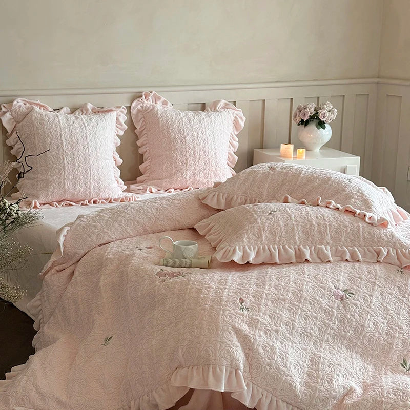 Afralia™ Pink Winter Milk Velvet Floral Ruffles Bedding Set