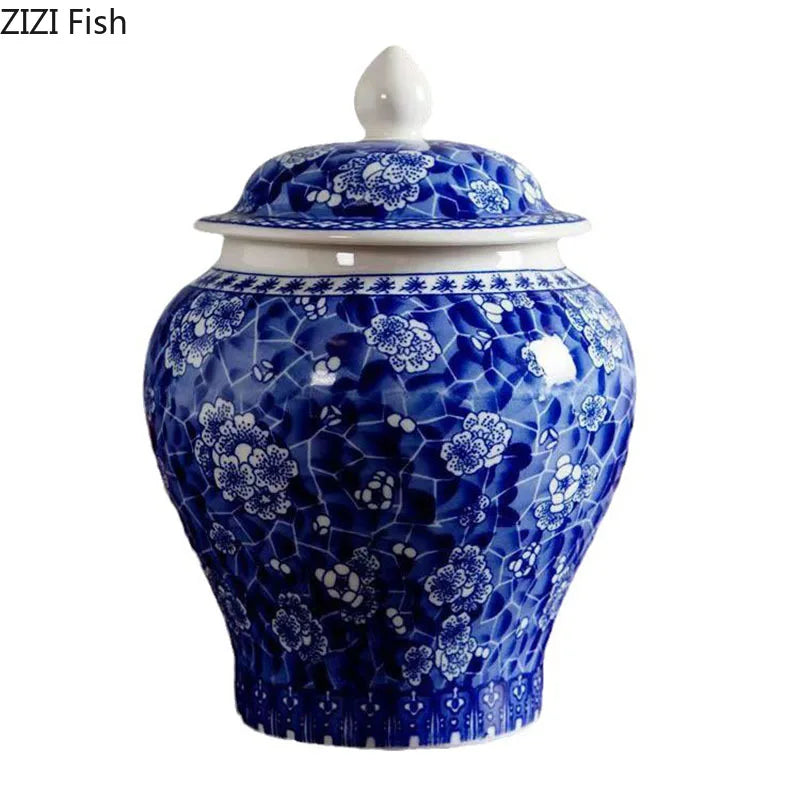 Afralia Blue White Porcelain General Jar Tea Canister with Lid Desk Decoration