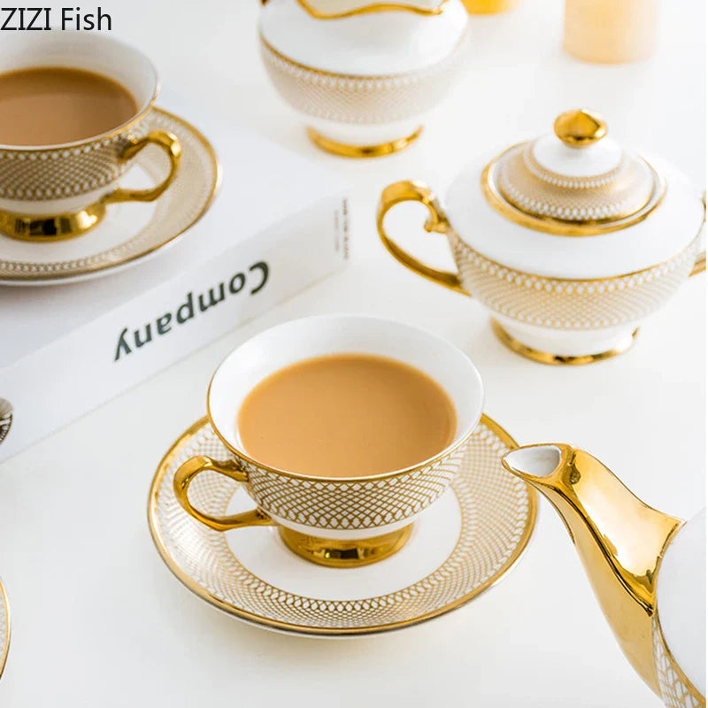 Afralia™ Gold Ceramic Tea Set for Dining Table, Coffee Mug, Teapot, Afternoon Tea & Beverage Container