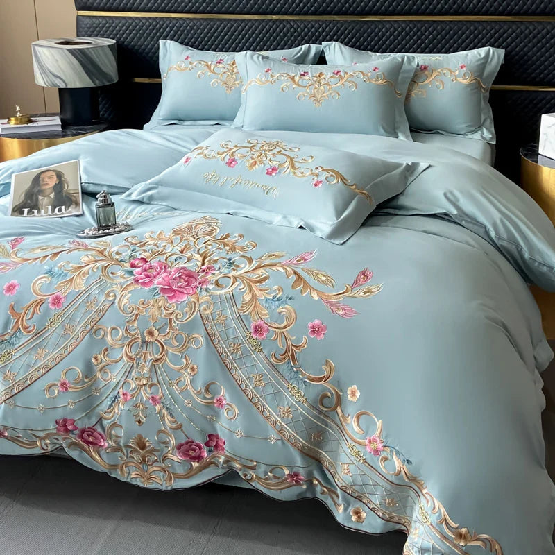 Afralia™ Exquisite Flowers Embroidery Bedding Set: Queen King Duvet Cover, Sheet, Pillowcases