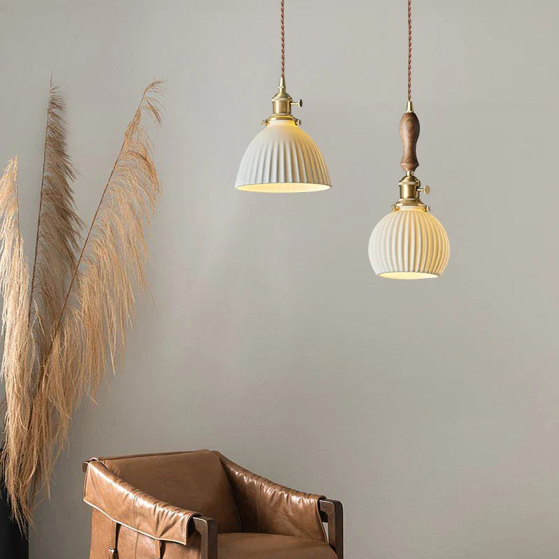 Afralia™ White Ceramic Brass LED Pendant Light - Vintage Japanese Hanglamp