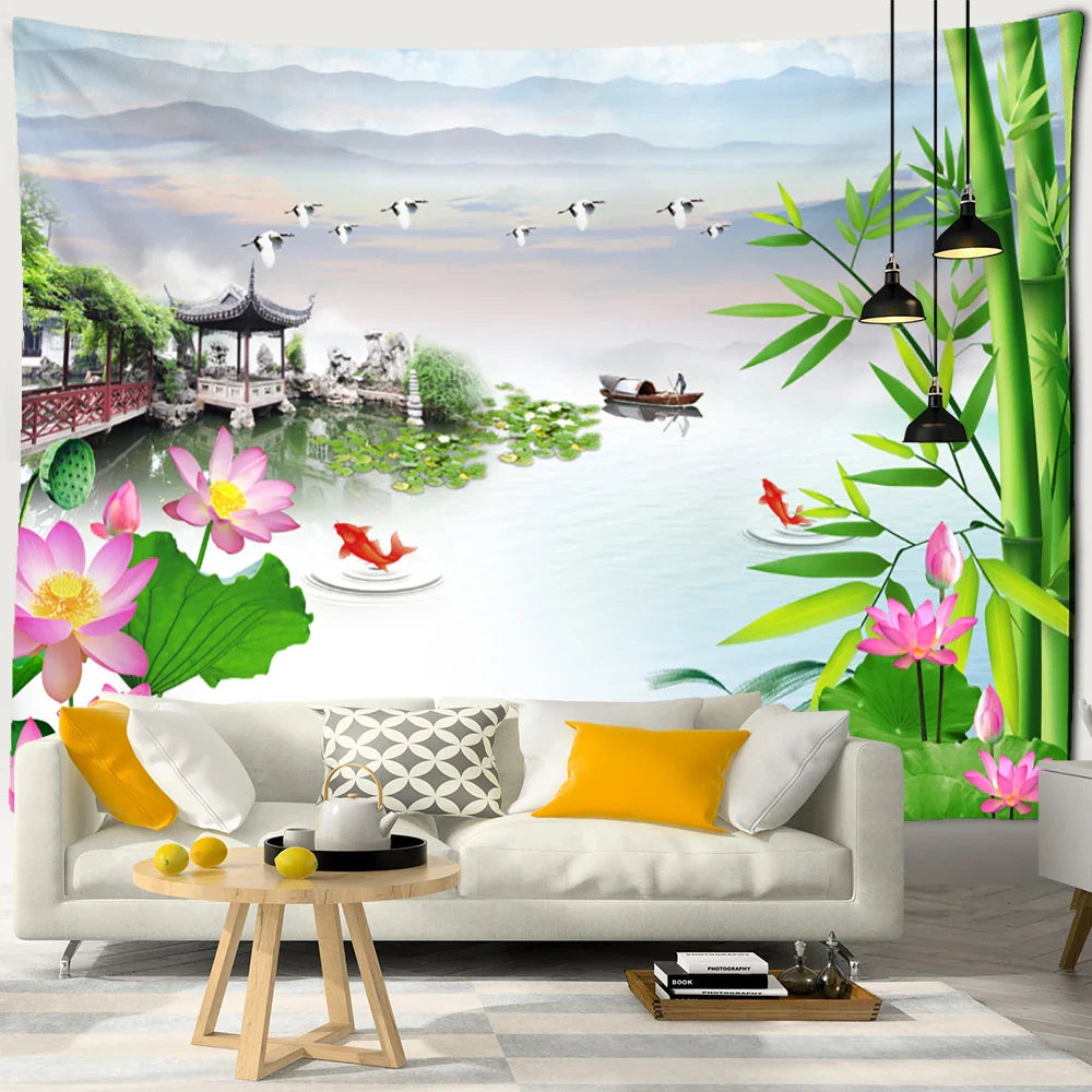 Afralia™ Ink Lotus Koi Tapestry: Boho Aesthetic Psychedelic Room Art Hippie Decor