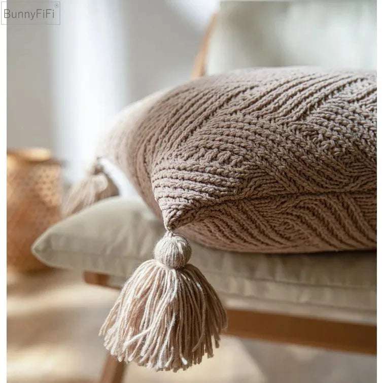 Chenille Knit Cushion Cover with Tassels for Home Sofa Bed by Afralia™