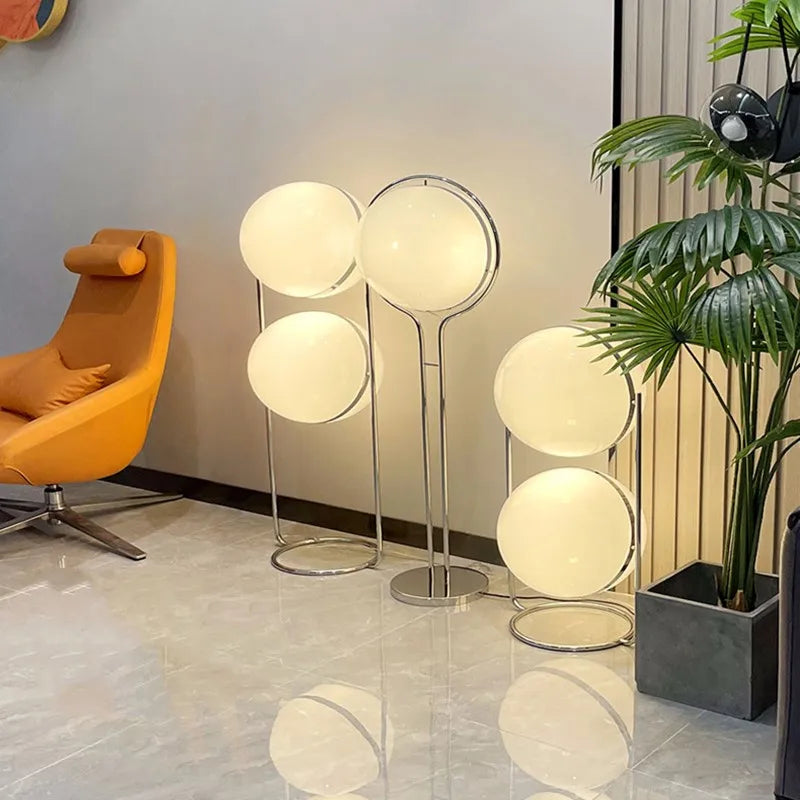 Afralia™ LED Floor Lamp Chrome Metal Living Room Floor Light White Acrylic Ball