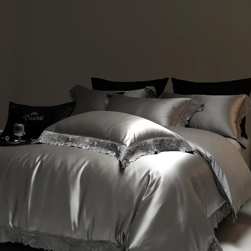 Afralia™ Luxe French Lace Edge Bedding Set: Silky Lyocell Cotton Duvet Cover, Sheet & Pillowcases