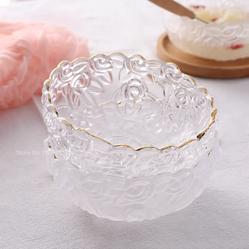 Afralia™ Glass Salad Bowl with Golden Edge - Vintage Engraving, Relief Craft