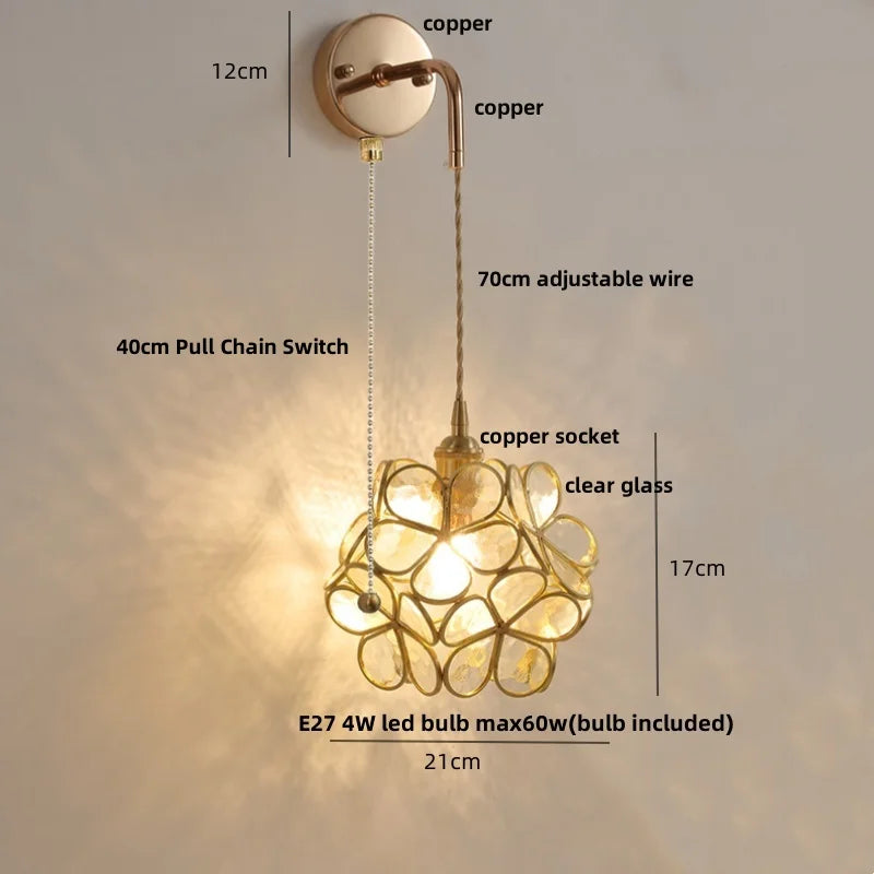 Afralia™ Modern Clear Glass LED Wall Light with Pull Chain for Bar, Cafe, Bathroom Mirror
