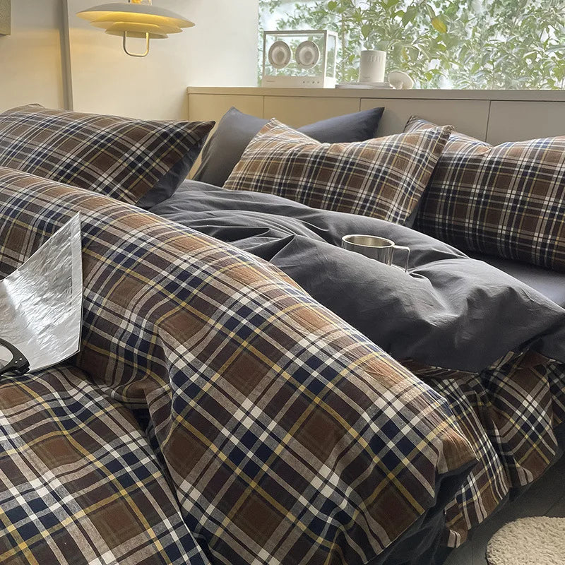 Afralia™ Plaid Cotton Bedding Set: Soft & Cozy Queen Single Fitted Sheet, Quilt Cover, Pillowcase