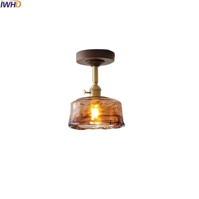 Afralia™ Amber Glass Copper LED Ceiling Light Fixture for Modern Home Decor