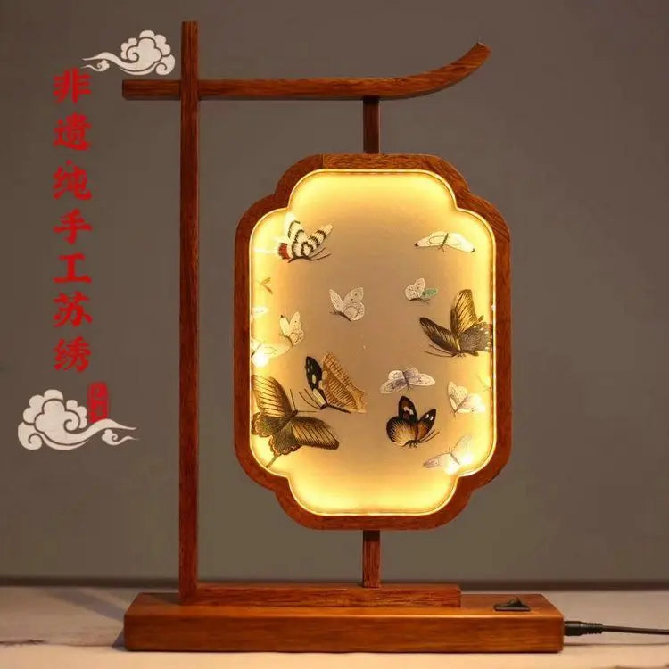 Afralia™ Chinese Style Embroidered Desk Lamp Decoration Screen - Double-Sided Home Table Decor