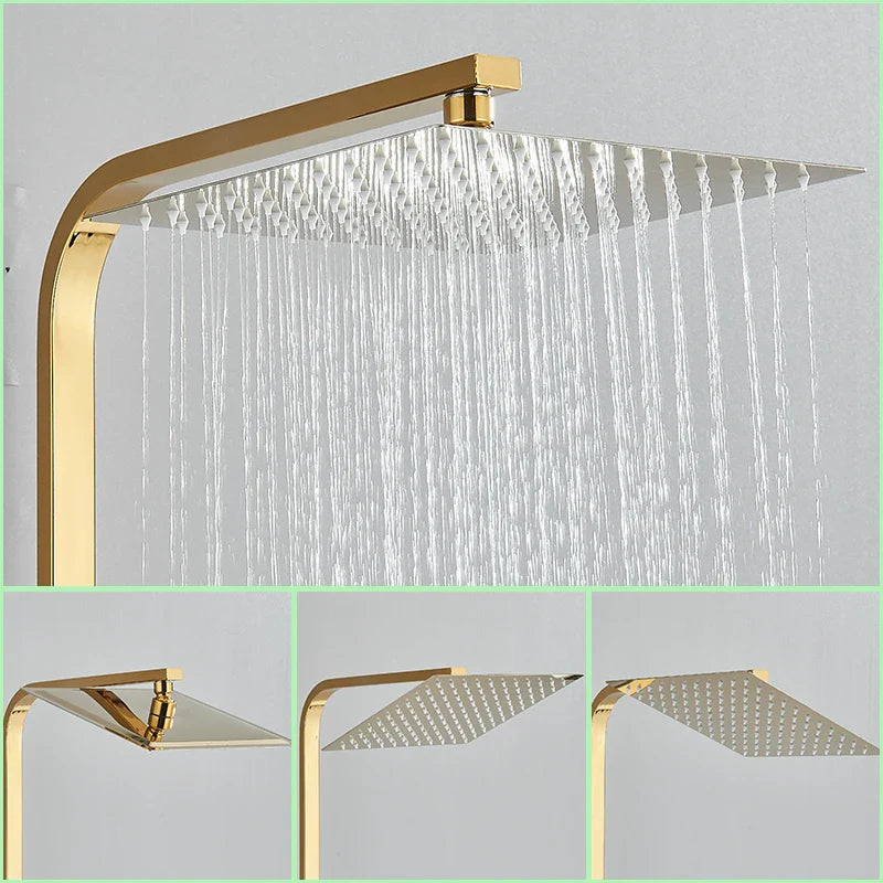 Afralia™ Golden Thermostatic Shower Faucet Set with Rainfall Shower Column and 3-Way Mixer