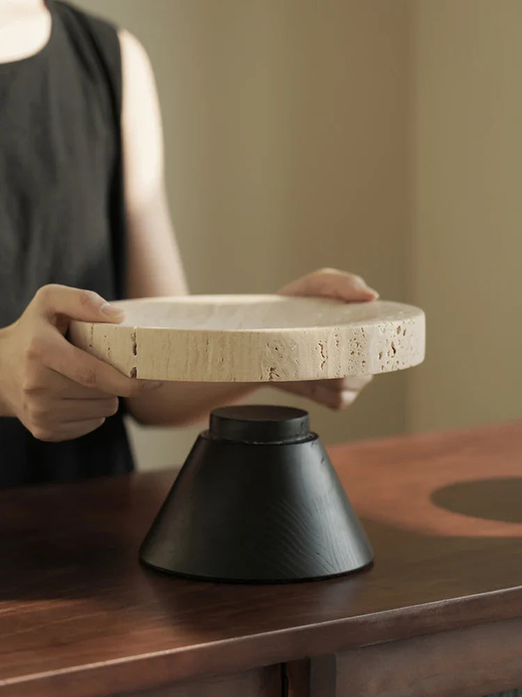 Afralia™ Luxury Travertine Fruit Tray & Marble Salad Bowl Set on Pedestal Stand