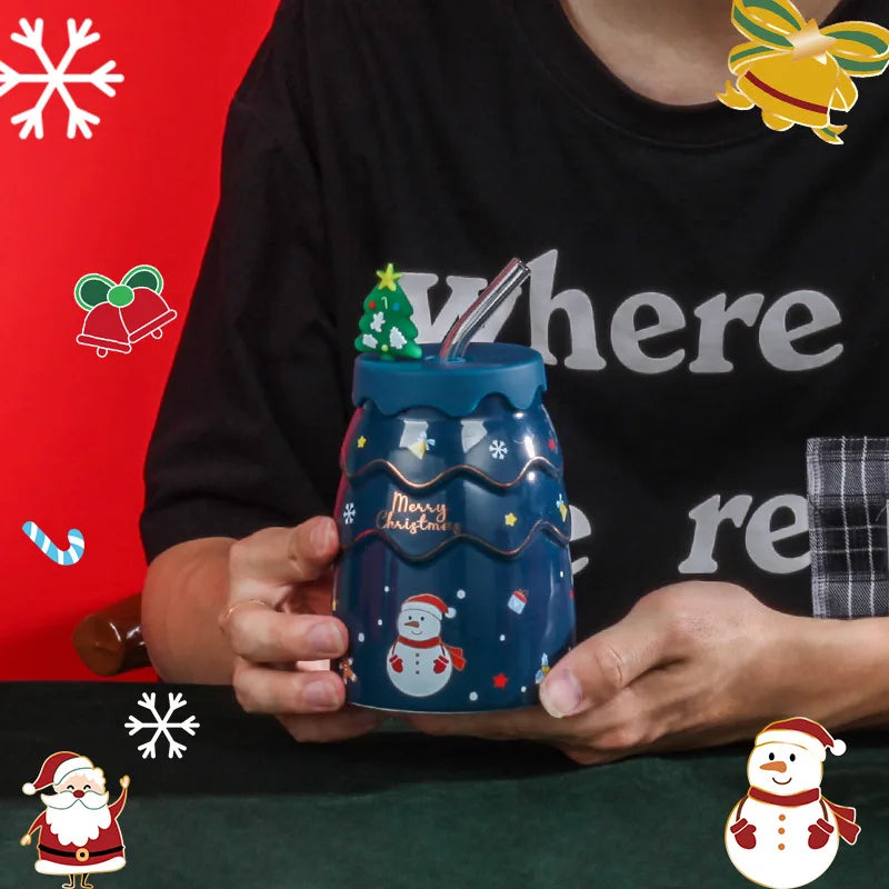 Afralia™ Christmas Tree Ceramic Mug with Lid Straw for XMAS Gift