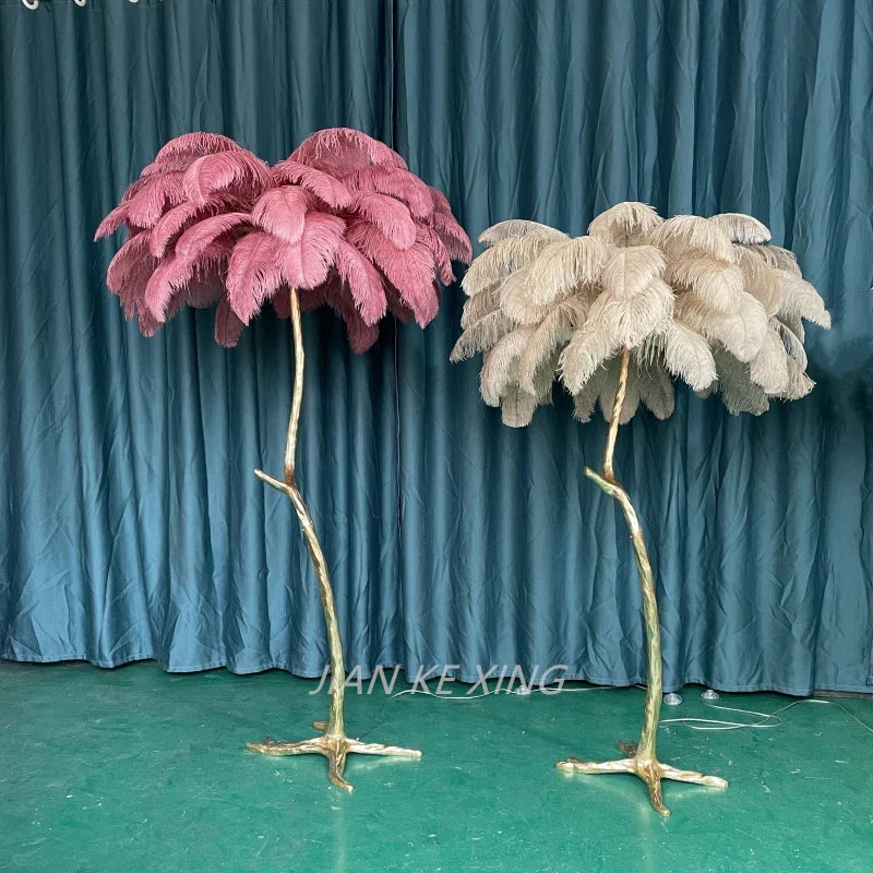 Afralia™ Princess Living Room Luxury Ostrich Feather Floor Lamp in Camel Lush LED Lighting