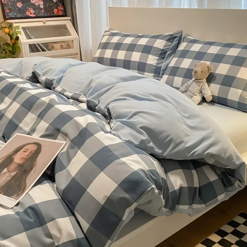 Afralia™ Japanese Grid Print Bed Set in Washed Cotton for Summer Comfort