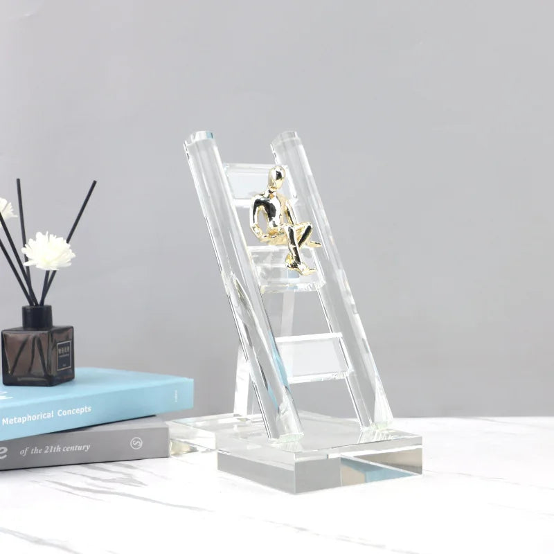Afralia™ Crystal Staircase Statue: Golden Man Climbing Handicrafts Glass Home Decor