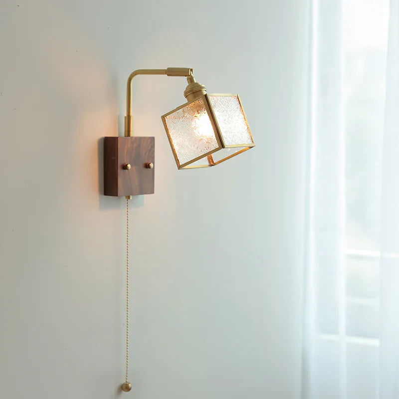 Afralia™ Walnut LED Wall Lights Pull Chain Switch Bedside Lamp Vintage Cube Glass Stair Light