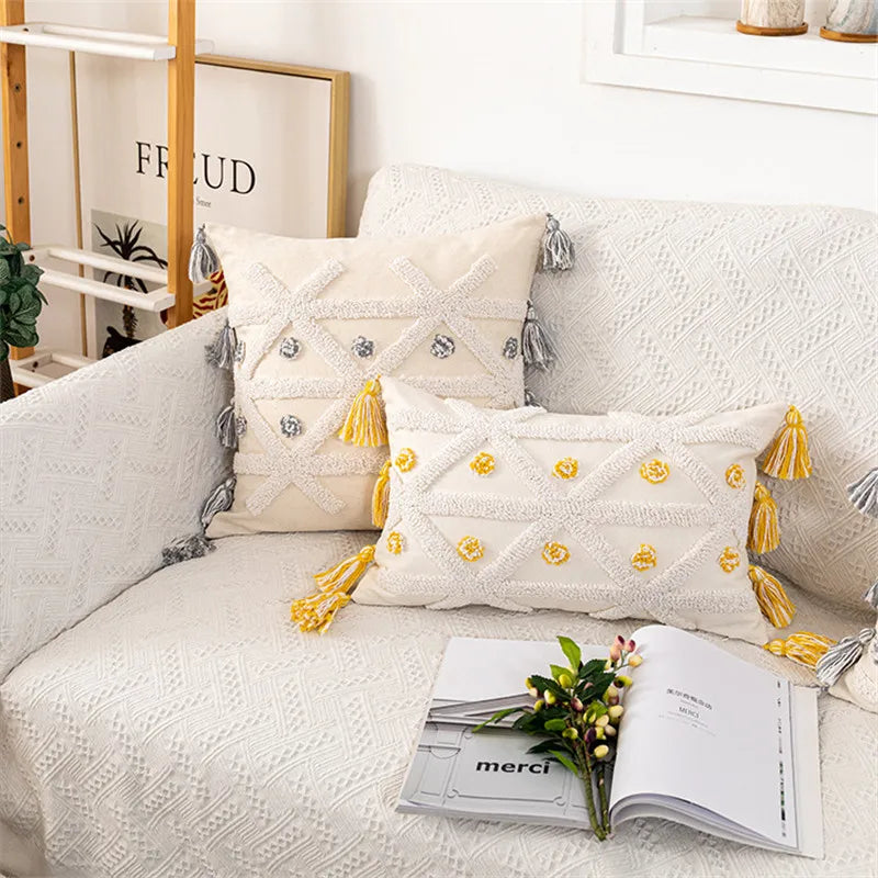 Yellow Grey Embroidery Cushion Cover with Tassels for Stylish Home Decor by Afralia™