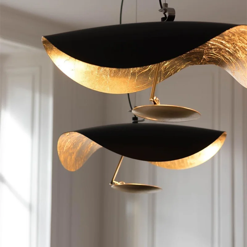 Afralia™ Lederam Manta Pendant: Industrial Black & Gold Ceiling Light with Lotus Leaf Design