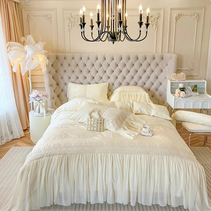 Afralia™ French Vintage Lace Ruffles Beige Cotton Princess Wedding Bedding Set