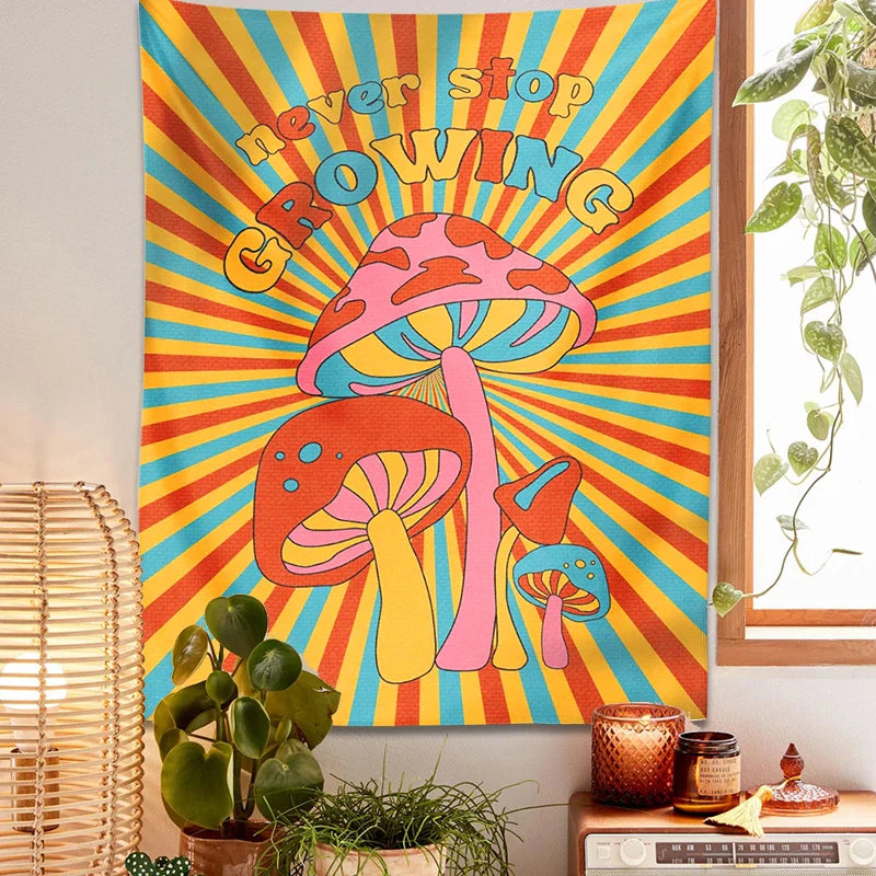 Afralia™ Mushroom Tapestry Retro Groovy Wall Decor Rainbow Sun Vintage Print