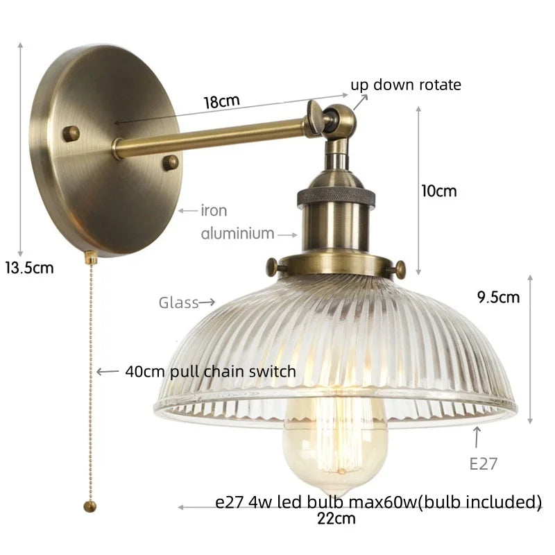 Afralia™ Black LED Wall Lamp Vintage Style Iron Bedside Light Glass Wall Sconce