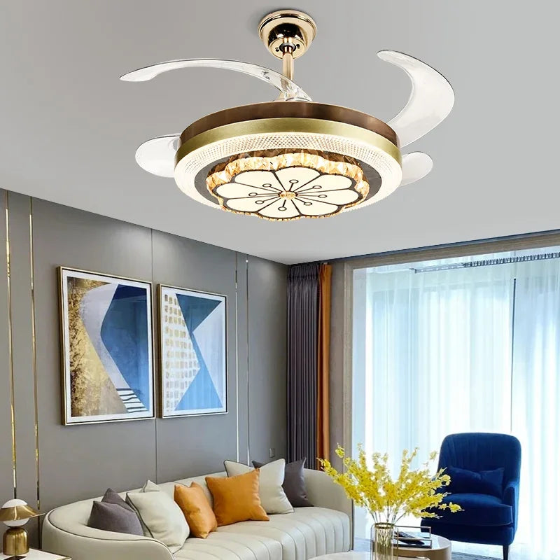 Afralia™ Crystal Invisible Fan Lamp 42-Inch European Living Room Ceiling Fan Chandelier