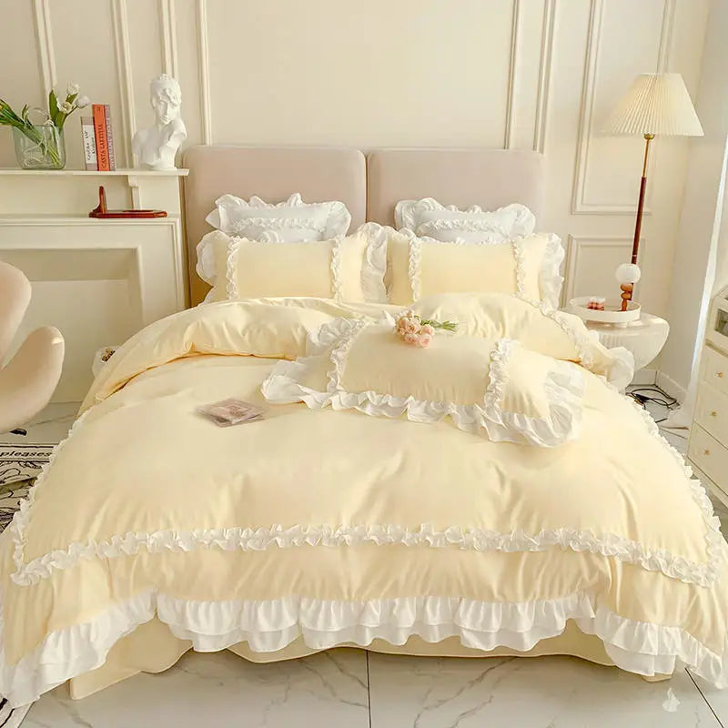 Afralia™ Korean Princess Lolita Bed 4-Piece Set in Solid Washed Cotton