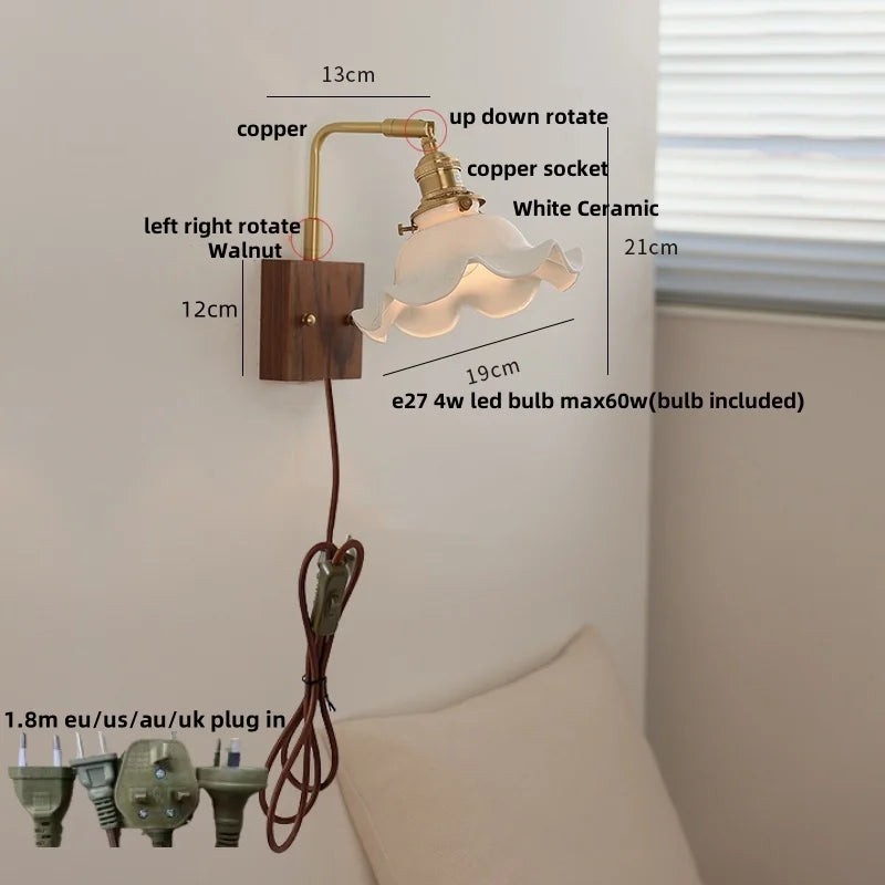 Afralia™ Modern Walnut Brass LED Wall Light Rotatable Bedside Sconce Stair Fixture