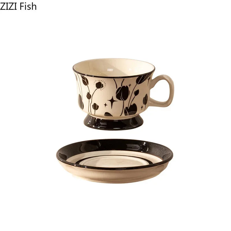 Afralia™ Ink Flowers Ceramic Cup & Saucer Set - Gold-plated Coffee Mug for Dining Table