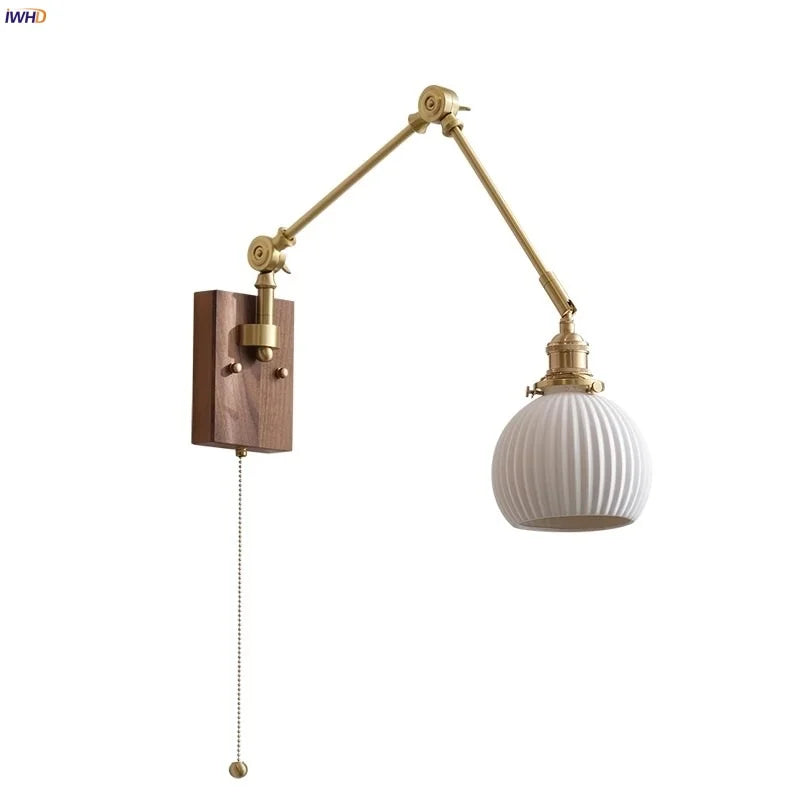 Afralia™ Ceramic Ball Brass Walnut Wood Wall Light with Pull Chain Switch