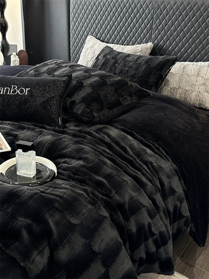 Afralia™ Cozy Faux Rabbit Fur Bedding Set in Black & Grey: Duvet, Sheets, Pillowcases