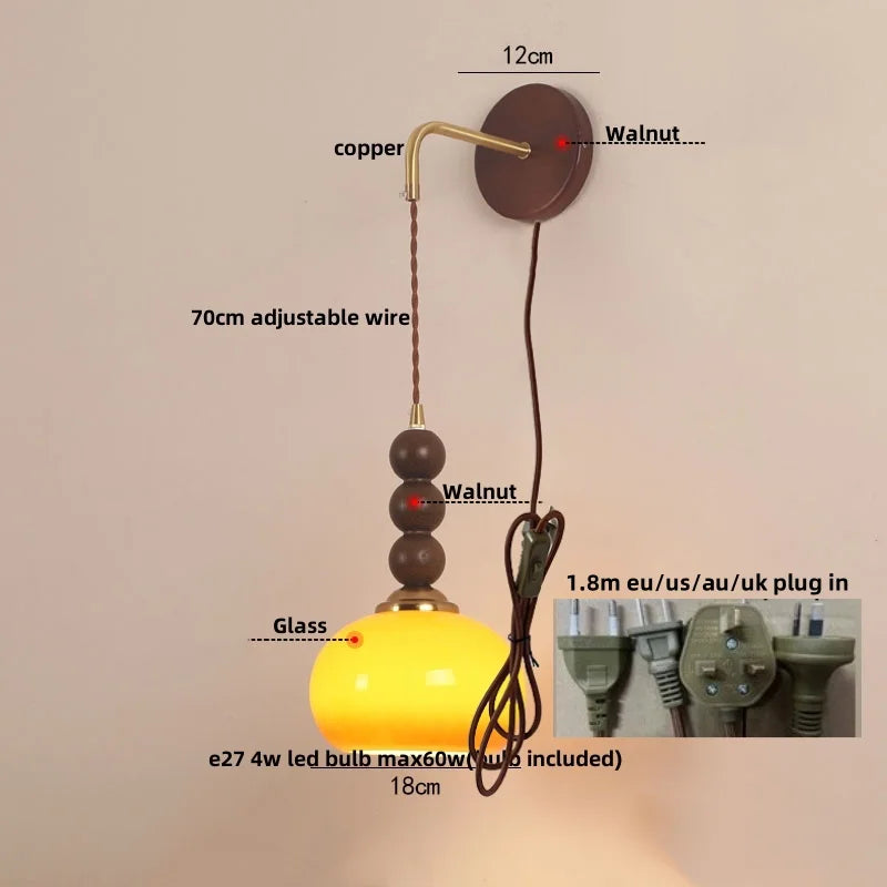 Afralia™ Modern LED Walnut Wood Wall Lights with Glass Shade & Pull Chain Switch