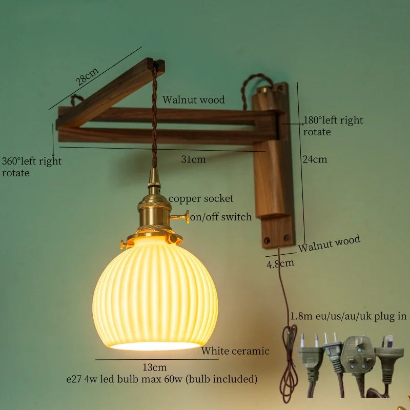Afralia™ Ceramic LED Wall Sconce Walnut Wood Copper Pull Chain Switch Light