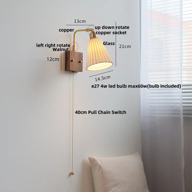 Afralia™ Walnut Wood Rotatable LED Wall Sconce White Glass Bedside Lamp