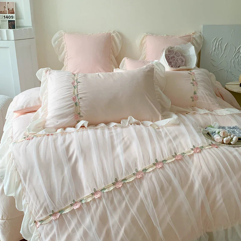 Afralia™ Pink French Princess Lace Ruffles Bedding Set with Pillowcases & Bed Sheet