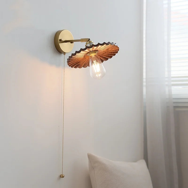 Afralia™ Nordic LED Wall Light Sconce Walnut Wood Copper Pull Chain Switch